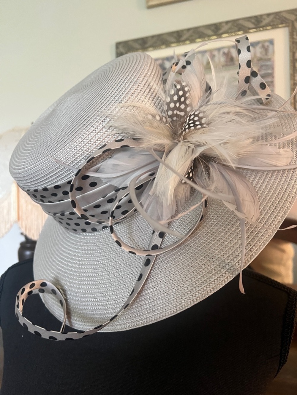 Elegant Dress Hat with Polka Dot Ribbon and Feather Accents NWT